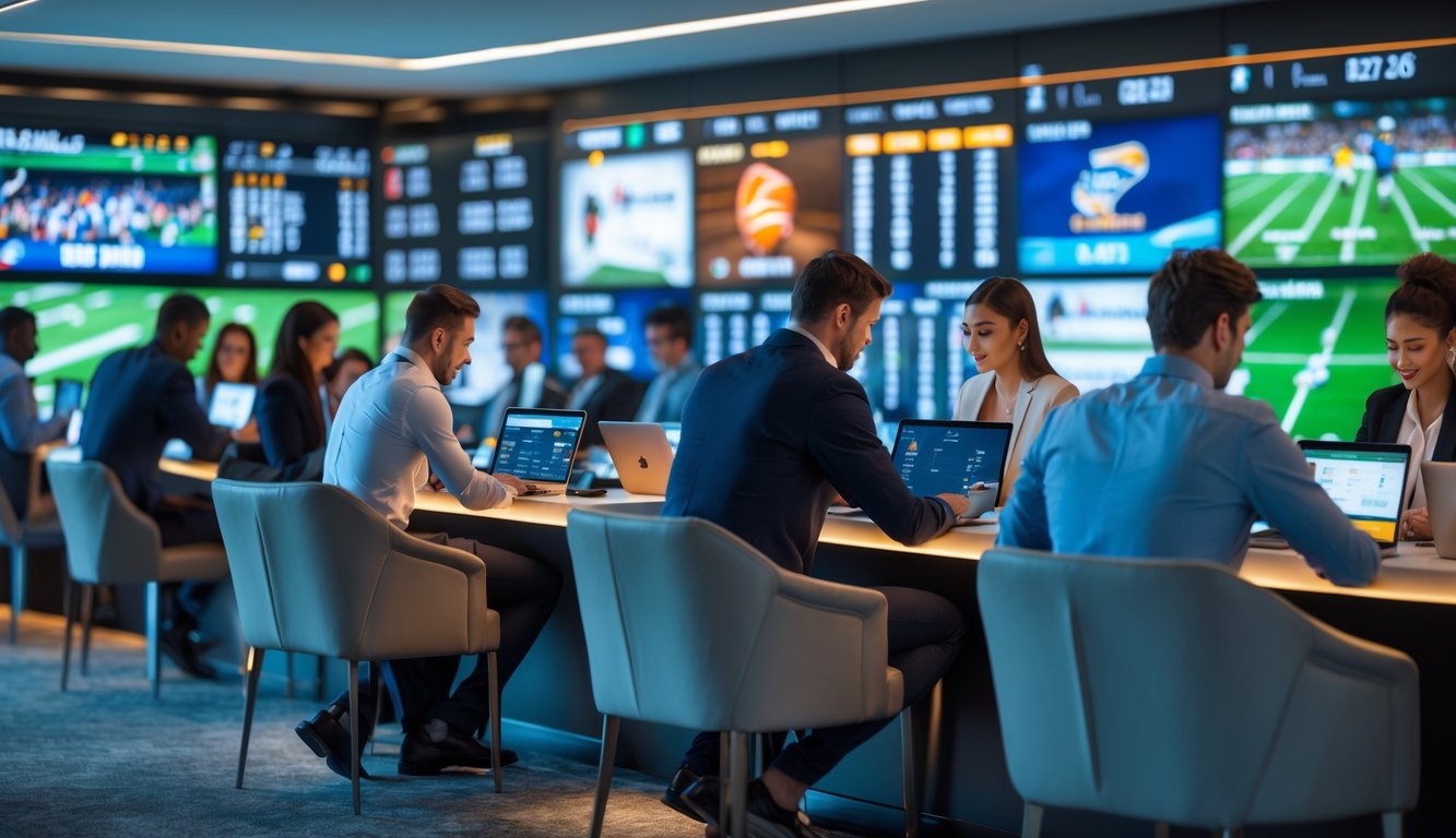 Beberapa orang sedang menggunakan perangkat elektronik untuk memasang taruhan olahraga di sebuah ruangan modern dengan layar besar yang menampilkan pertandingan olahraga.
