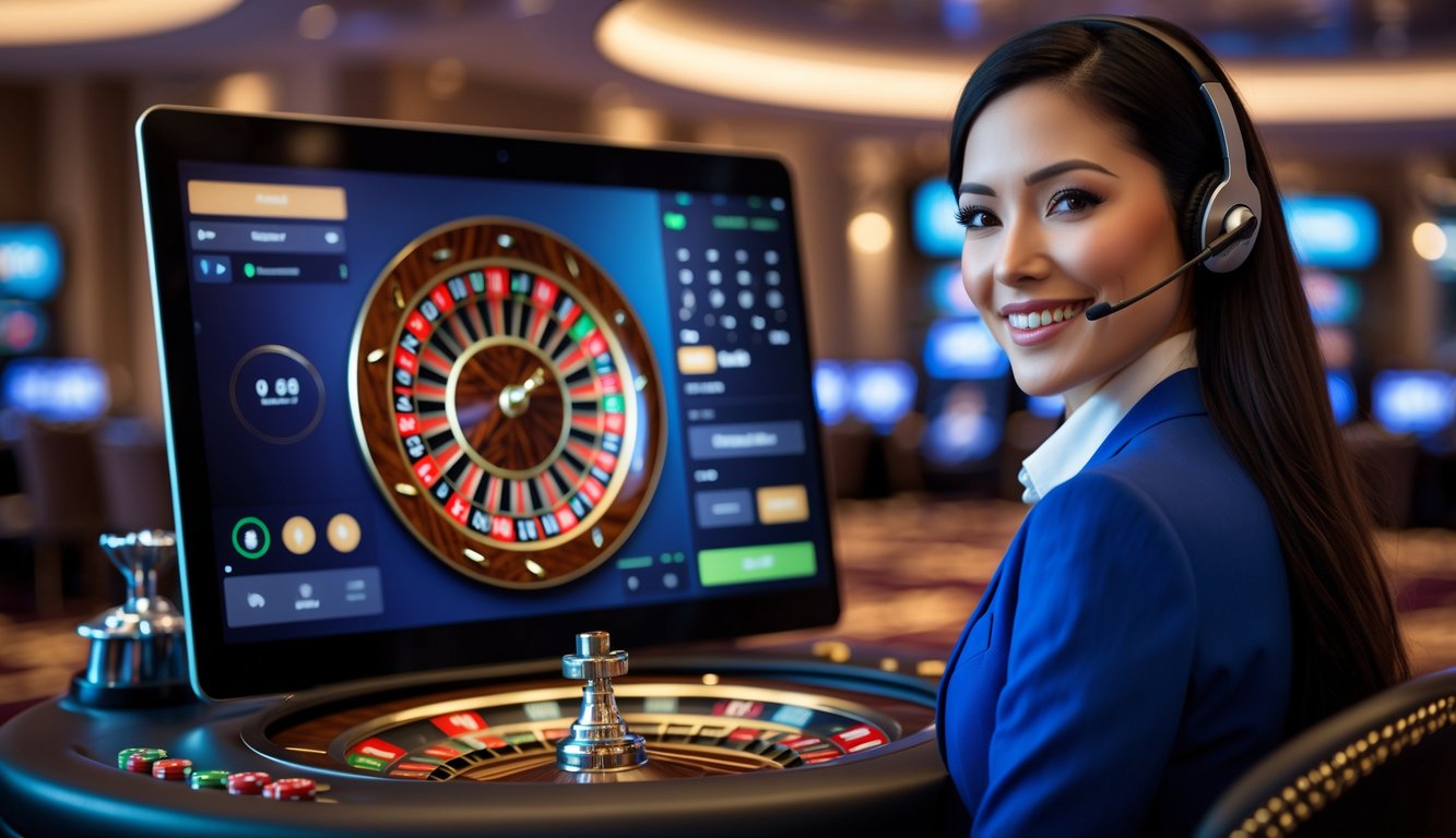 Seorang dealer wanita tersenyum di depan layar komputer yang menampilkan permainan roulette online dengan roda roulette yang berputar.