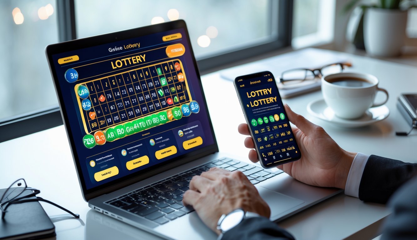 Meja kerja dengan laptop dan ponsel yang menampilkan aplikasi togel online, tangan seseorang sedang menggunakan perangkat tersebut.