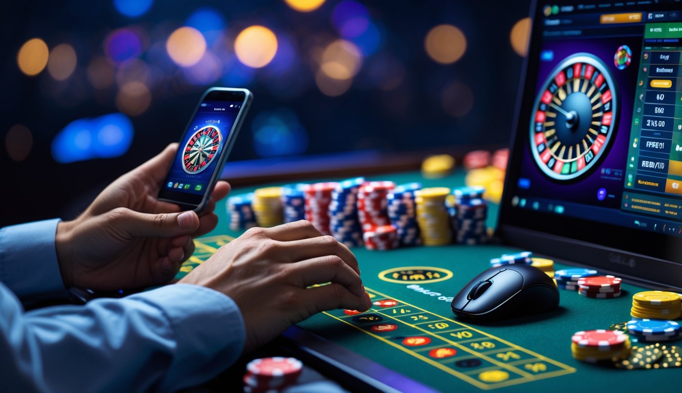 Seseorang menggunakan komputer dan ponsel untuk bermain roulette online dengan chip dan roda roulette digital di layar.