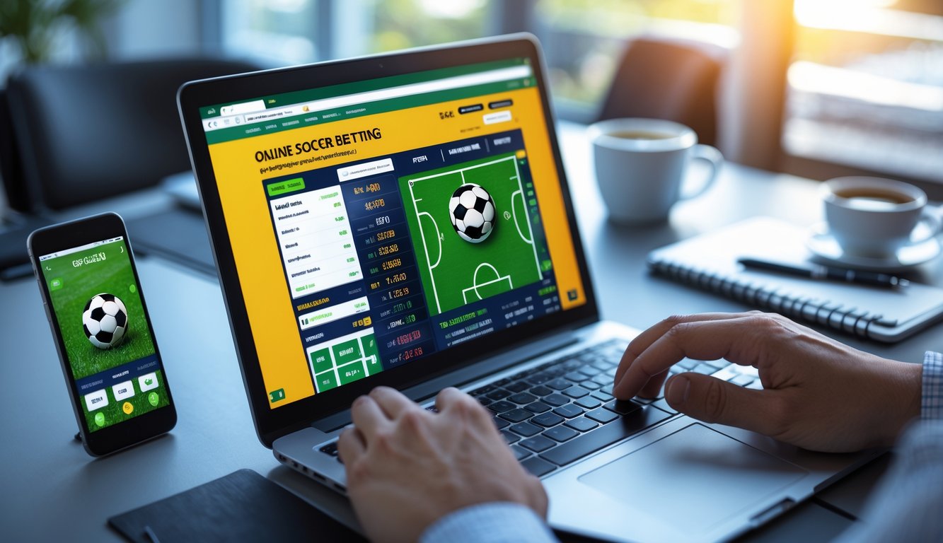 Seorang pengguna bekerja dengan laptop yang menampilkan situs taruhan sepak bola online di meja kerja modern.