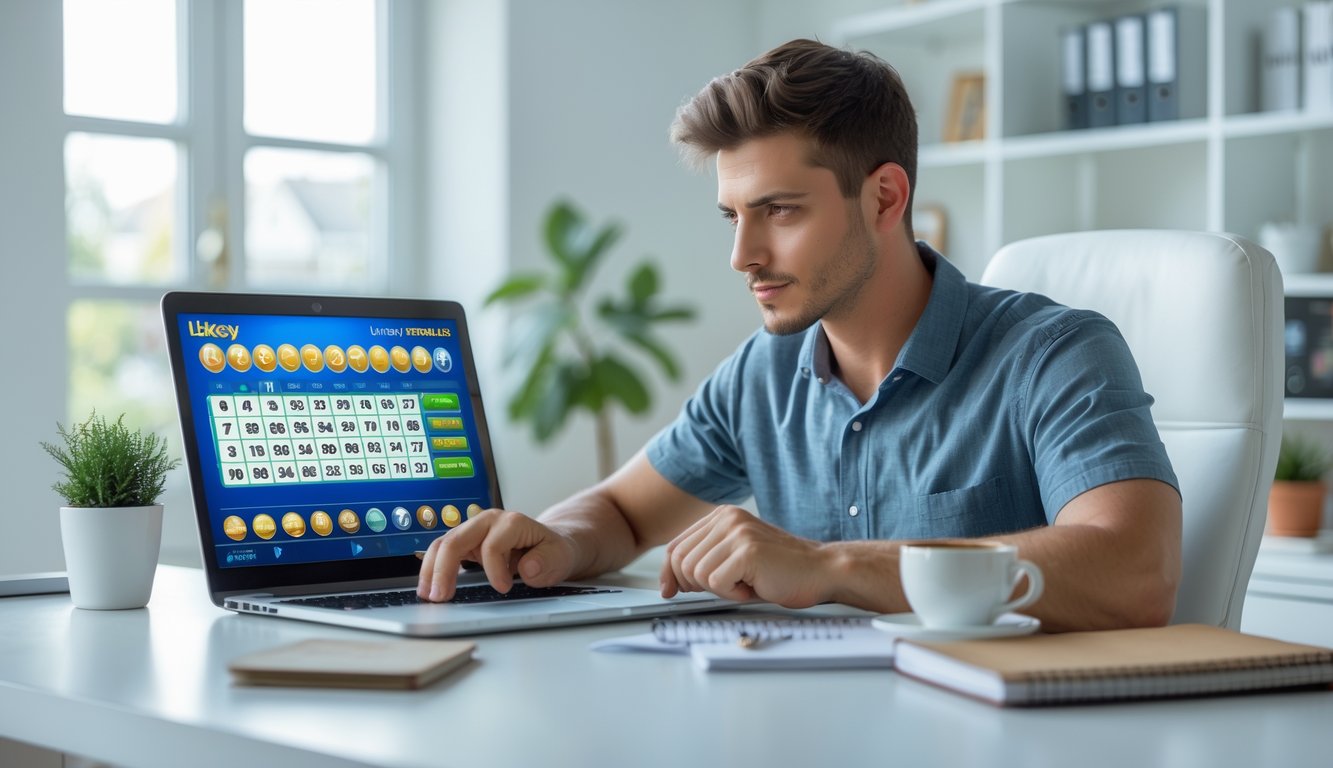 Seorang pria muda duduk di meja kerja dengan laptop, tampak fokus dan sedang merencanakan strategi bermain togel online.