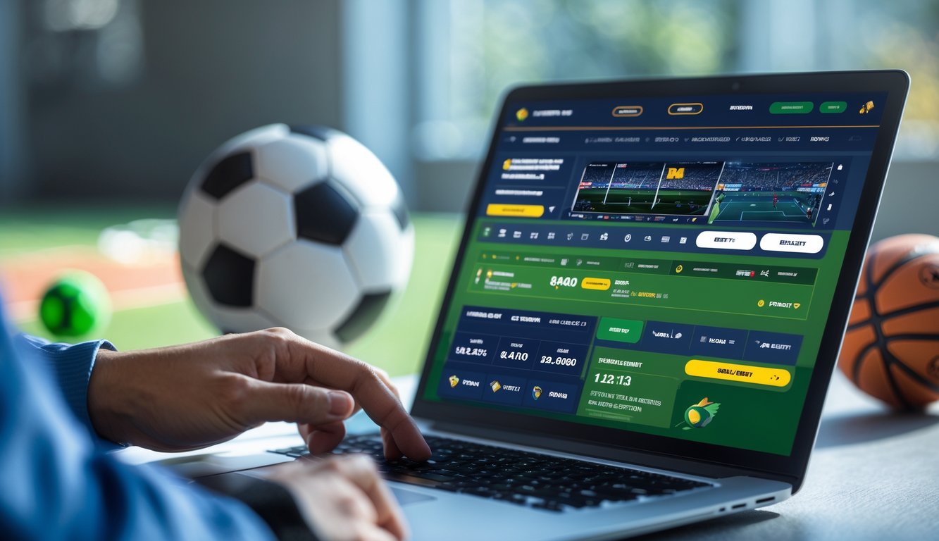 Seseorang menggunakan perangkat digital dengan tampilan taruhan olahraga dan peralatan olahraga di sekitar.