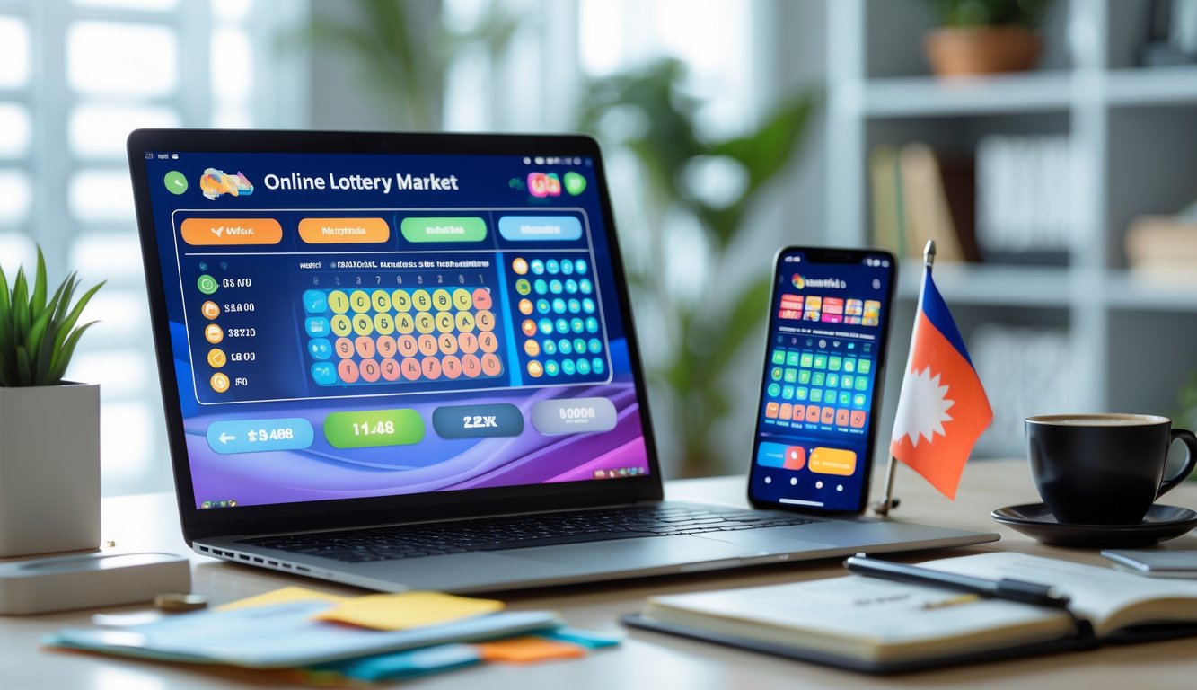 Meja kerja dengan laptop dan ponsel yang menampilkan aplikasi togel online, dengan suasana ruangan yang terang dan rapi.