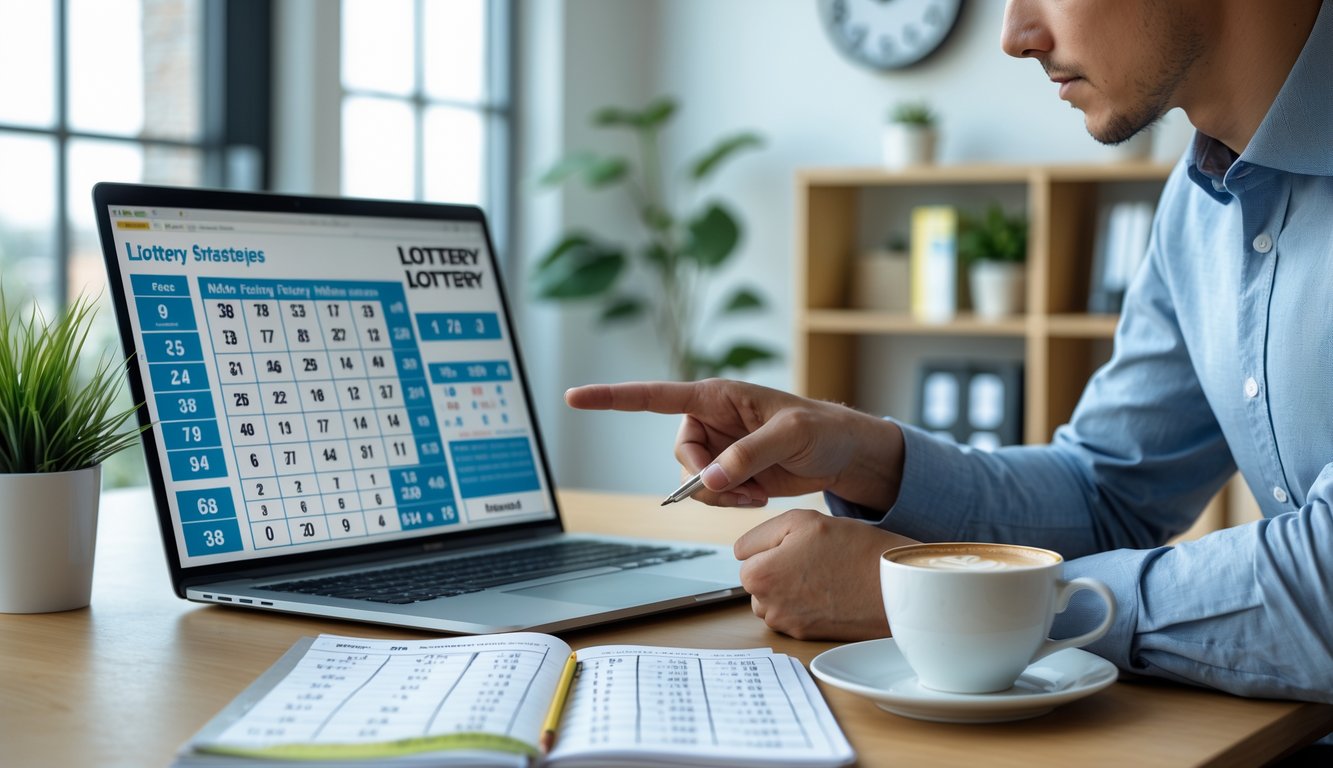 Seseorang yang fokus bekerja di meja dengan laptop, catatan, dan alat tulis di ruang kantor yang rapi.