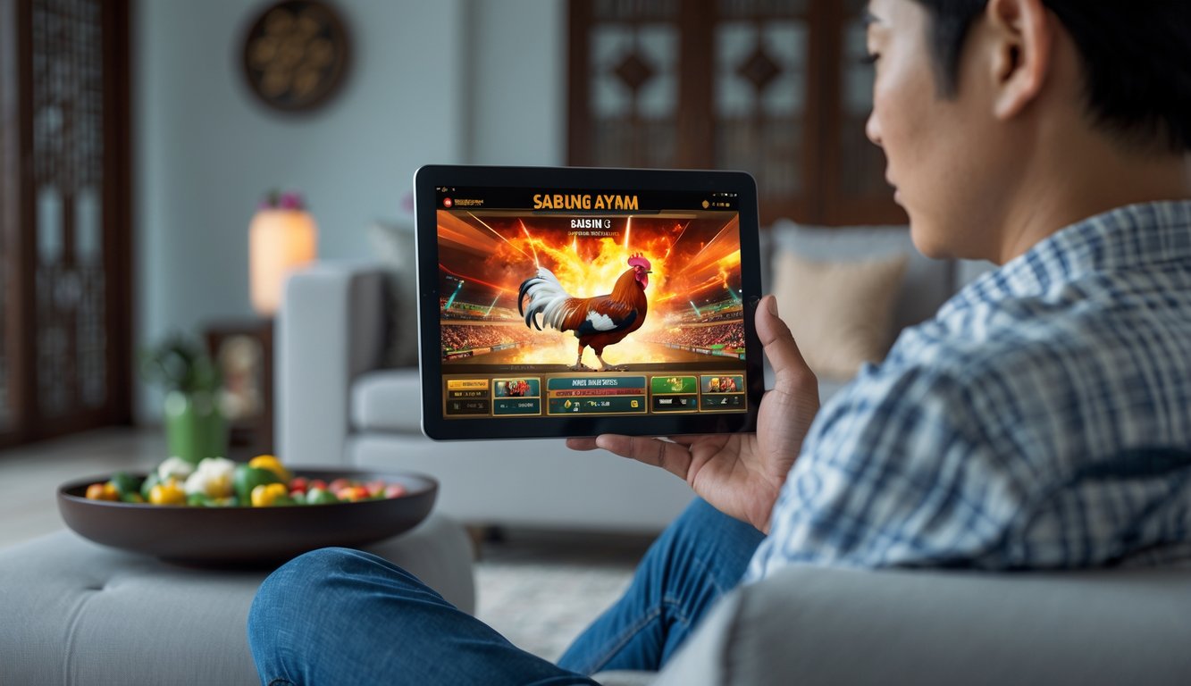 Seorang pria duduk di ruang tamu sambil memegang perangkat digital yang menampilkan pertandingan sabung ayam secara online.