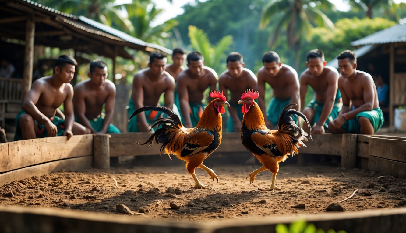 Sejumlah pria berkumpul di arena kayu terbuka menyaksikan dua ayam bertarung dengan latar belakang pepohonan tropis dan suasana pedesaan.
