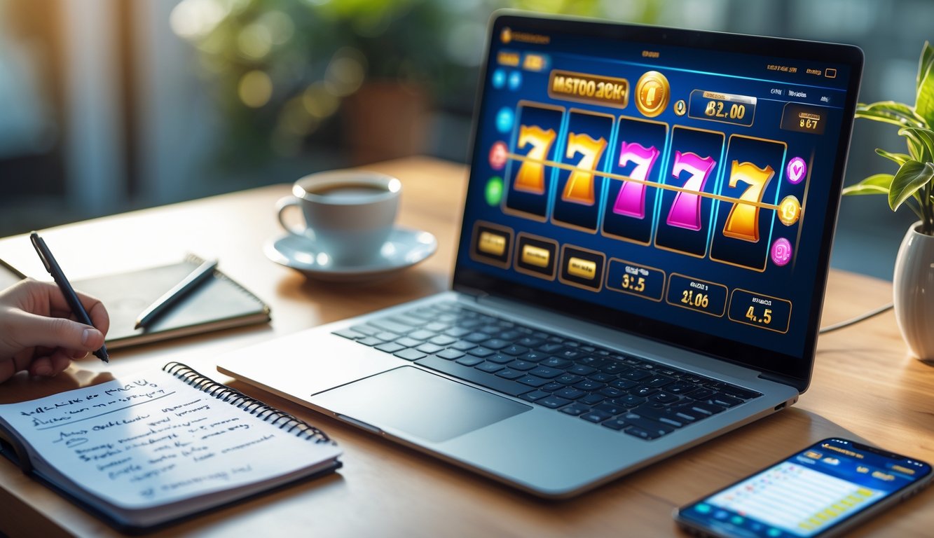 Meja kerja dengan laptop yang menampilkan permainan slot online, notepad dengan catatan strategi, kopi, dan ponsel di atas meja kayu.