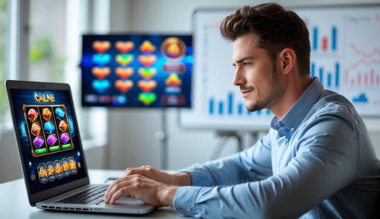 Seorang pria muda duduk di meja dengan laptop yang menampilkan permainan slot online, terlihat fokus dan serius dalam suasana ruang kerja yang rapi.