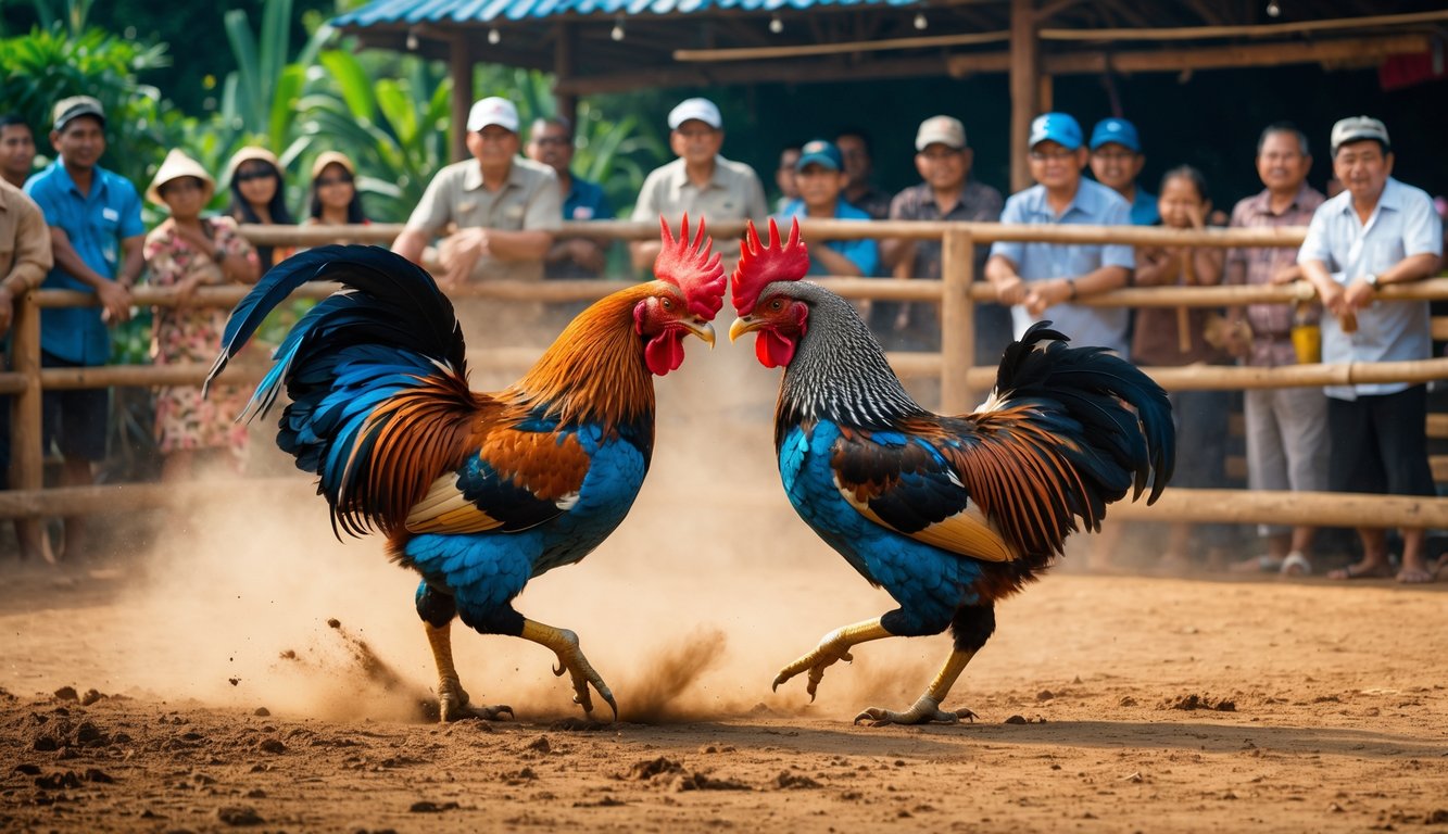 Dua ayam jago beradu di arena sabung ayam dengan penonton yang antusias di sekitarnya.