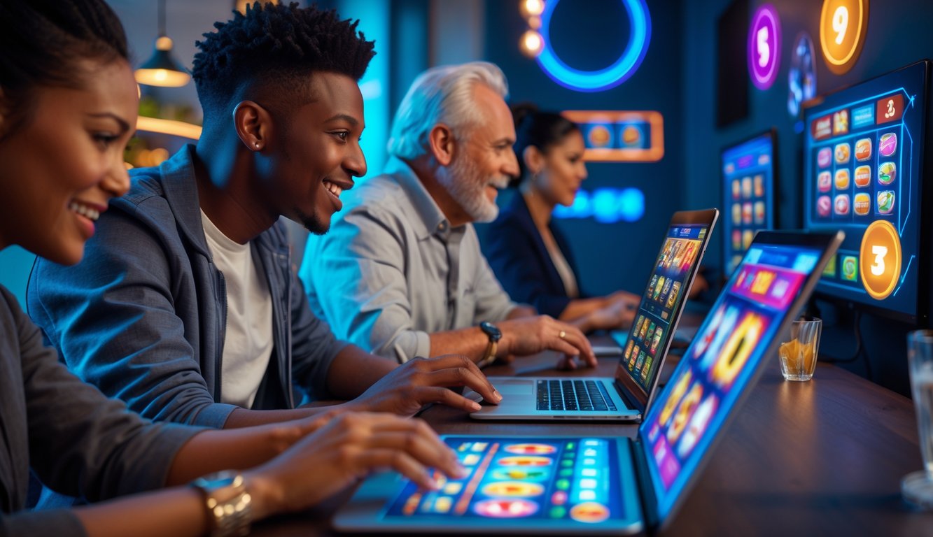 Dua orang sedang bermain permainan slot online dengan perangkat digital di lingkungan yang nyaman dan modern.