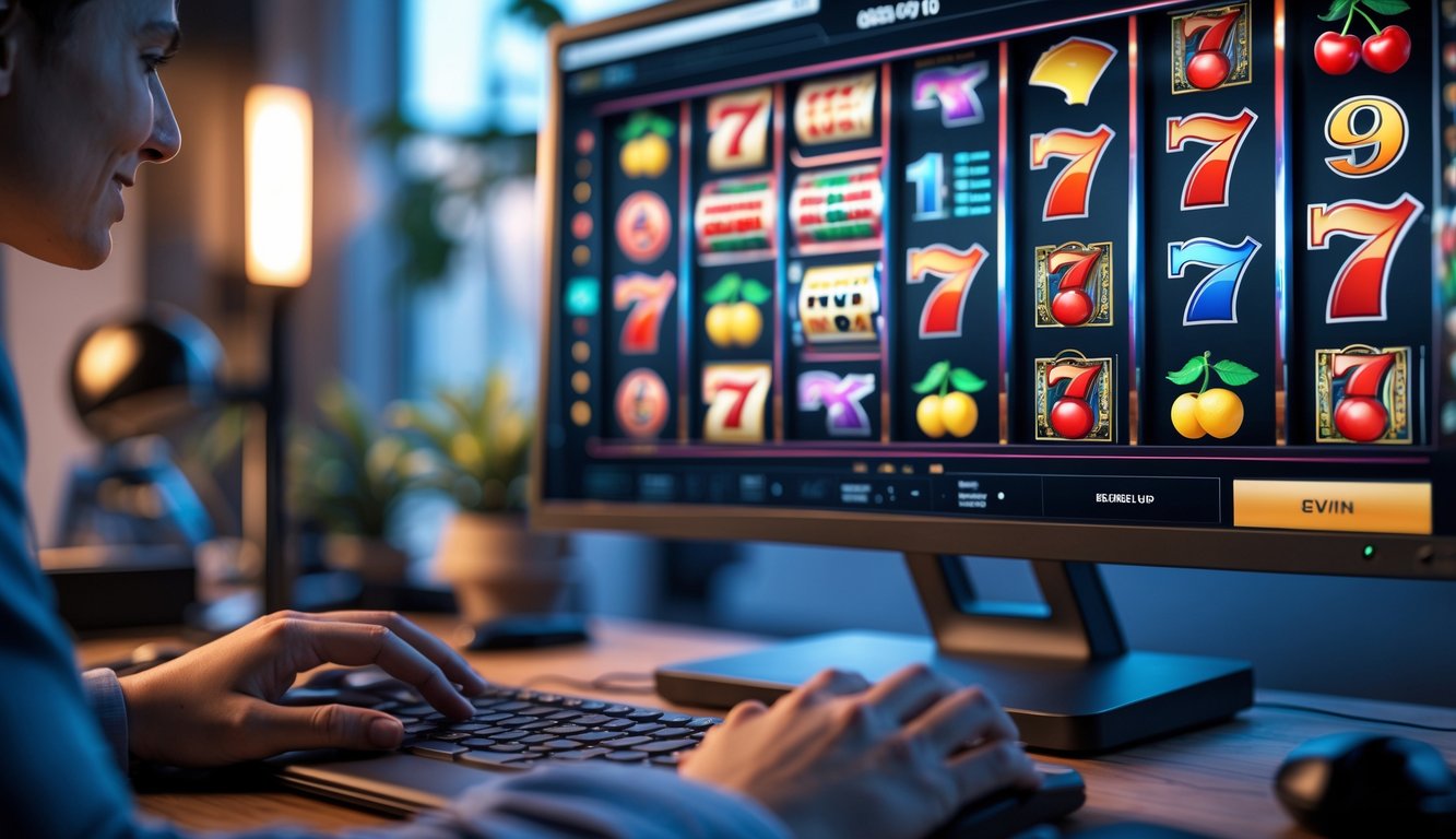 Seorang pemain sedang menggunakan komputer dengan layar menampilkan permainan slot online berwarna-warni di sebuah ruang kerja yang nyaman.