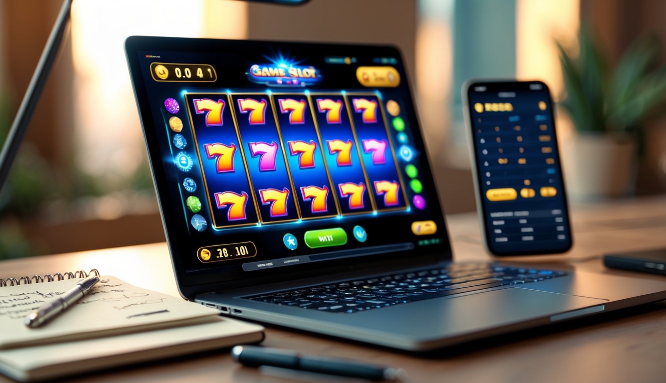 Seorang pemain menggunakan komputer dengan permainan slot online yang berwarna-warni di layar, dikelilingi oleh buku catatan dan ponsel.