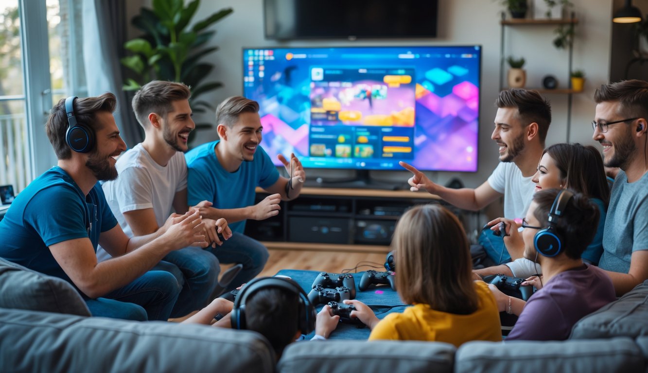 Sekelompok orang berbeda usia bermain game online bersama di ruang tamu yang nyaman dengan ekspresi antusias dan gembira.