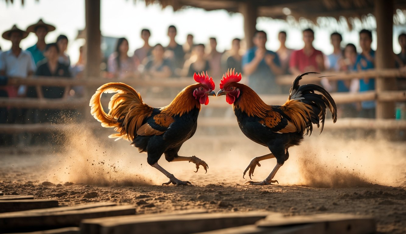 Dua ayam jago sedang bertarung di arena kayu dengan penonton di latar belakang.