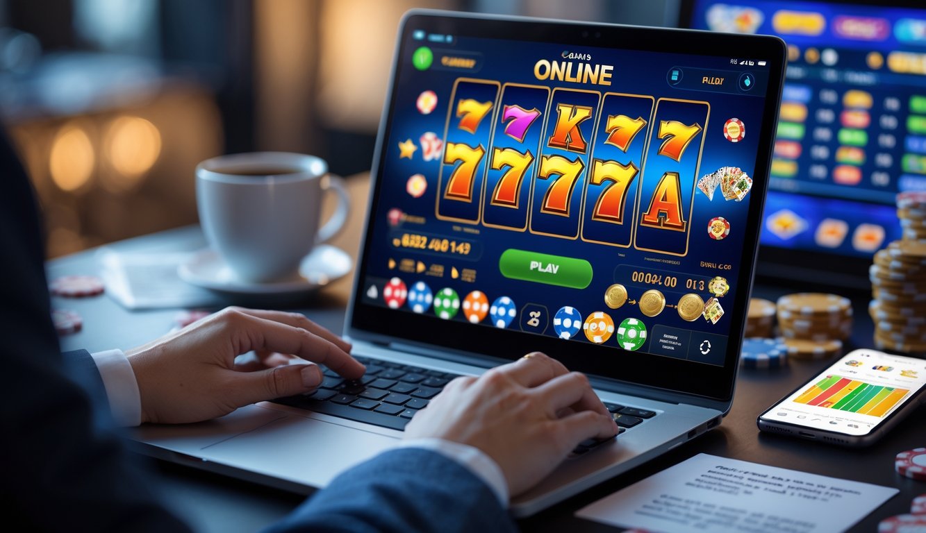 Seseorang menggunakan laptop dengan permainan slot online di layar, dikelilingi oleh catatan, ponsel, dan secangkir kopi di meja kerja.