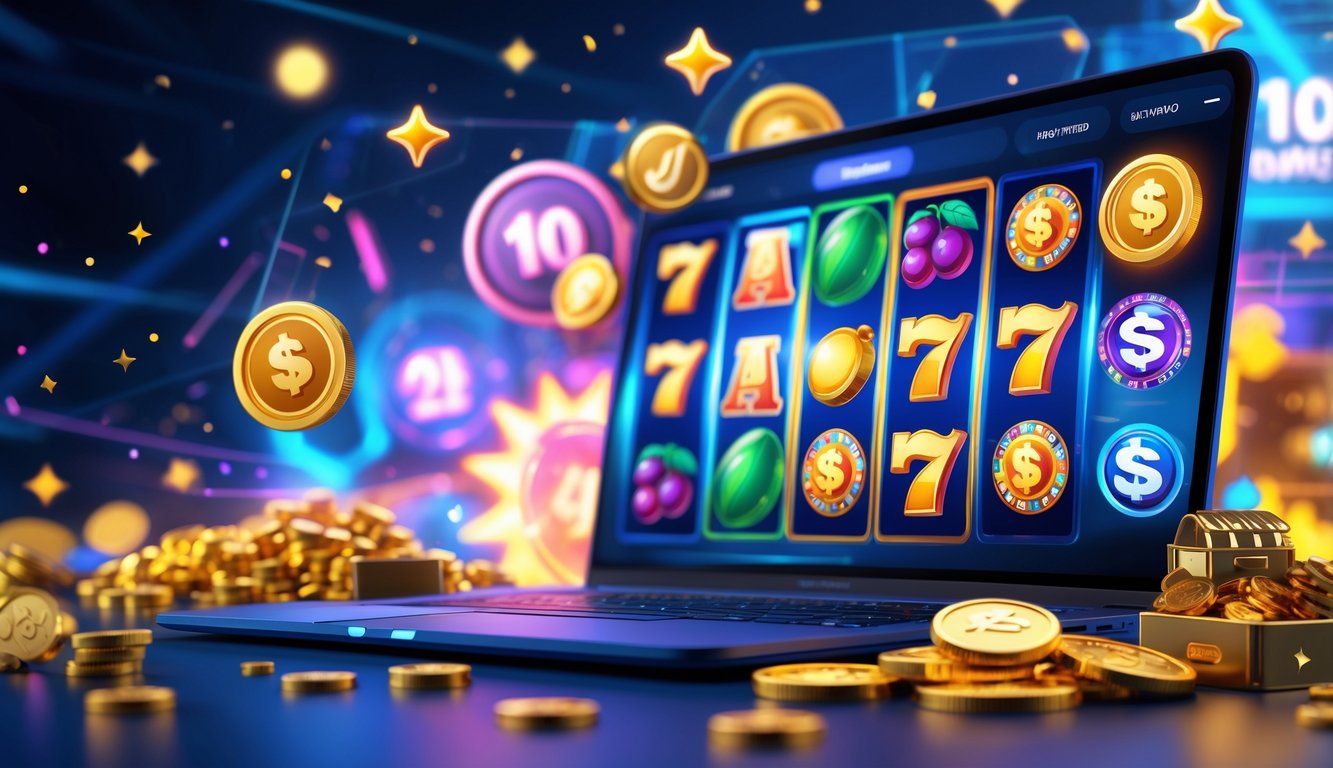 Layar komputer menampilkan permainan slot online dengan simbol warna-warni dan ikon bonus di sekitarnya.