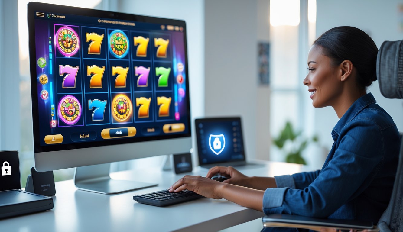 Seseorang duduk di depan komputer dengan tampilan permainan slot online yang berwarna-warni di layar, di ruangan yang terang dan nyaman.