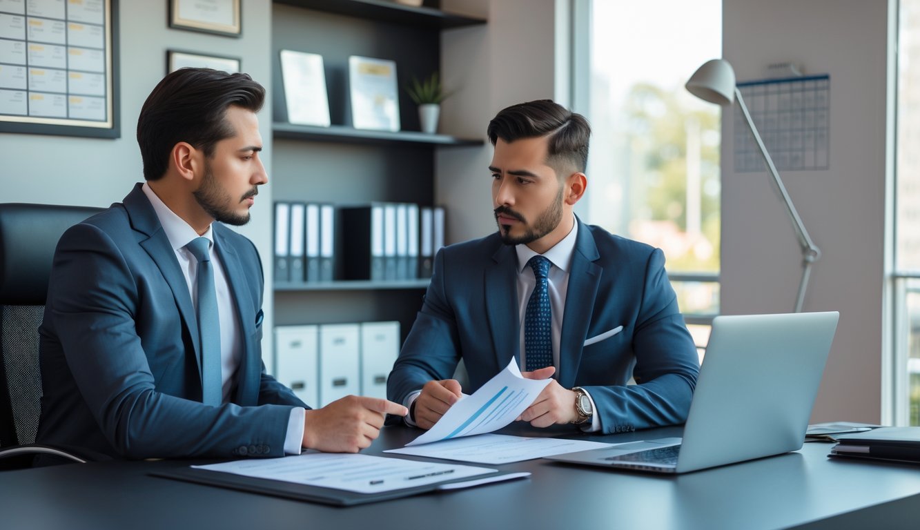 Seorang agen profesional sedang berdiskusi dengan klien di kantor modern terkait acara sabung ayam resmi.