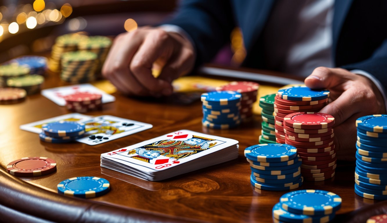 Meja poker dengan kartu dan tumpukan chip, tangan memegang kartu, suasana kasino yang tenang.