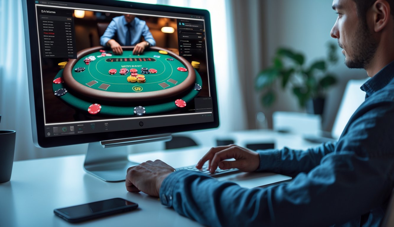 Seorang pemain fokus bermain poker online di depan laptop dengan meja poker digital di layar komputer.