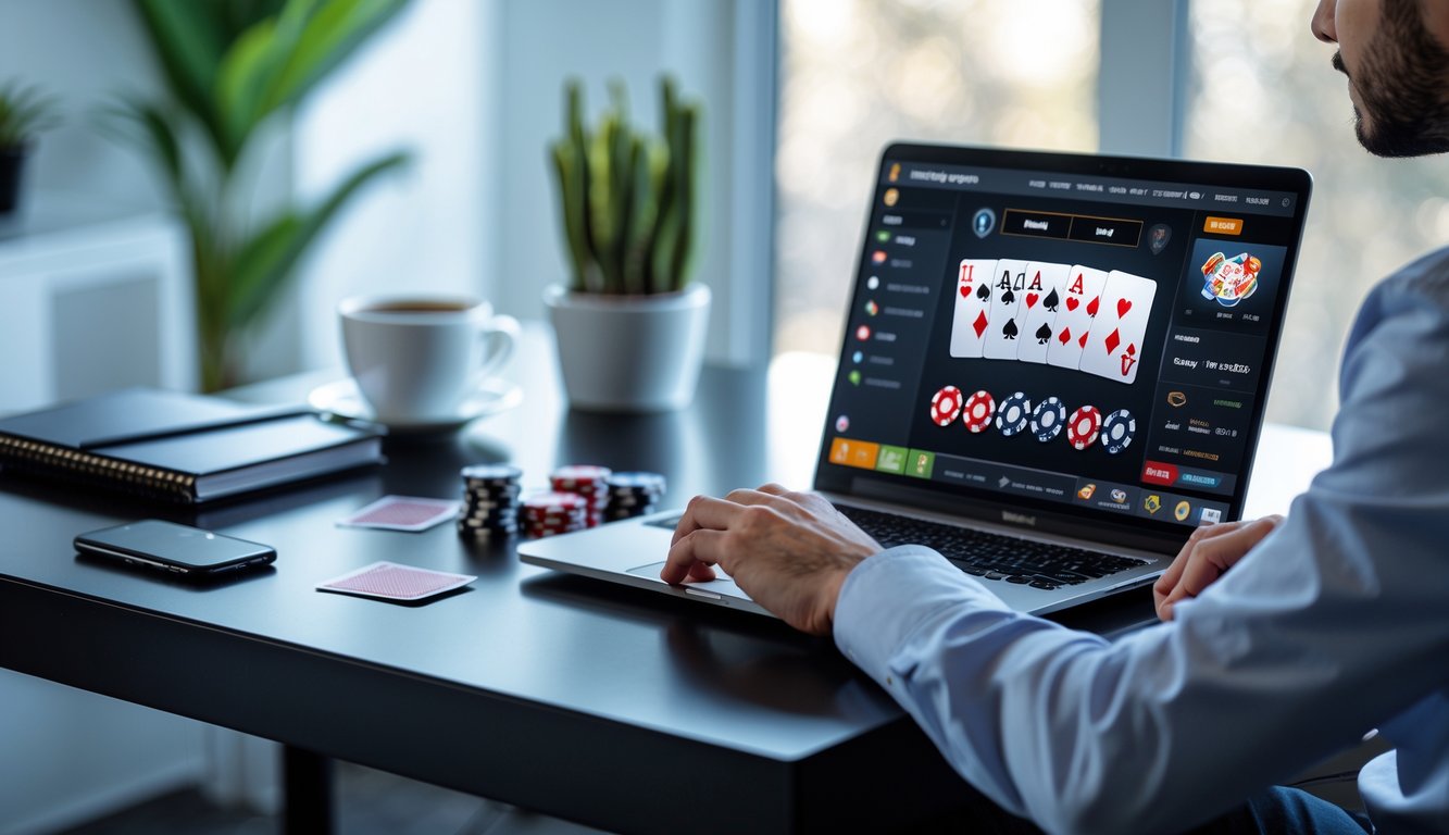 Seseorang yang fokus bermain poker online di depan laptop di ruang kerja rumah yang terang dengan tumpukan chip poker dan kartu di meja.