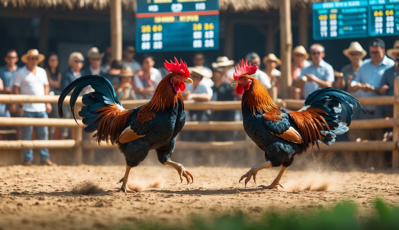 Dua ayam jantan bertarung di arena terbuka dengan penonton yang memasang taruhan menggunakan perangkat digital.