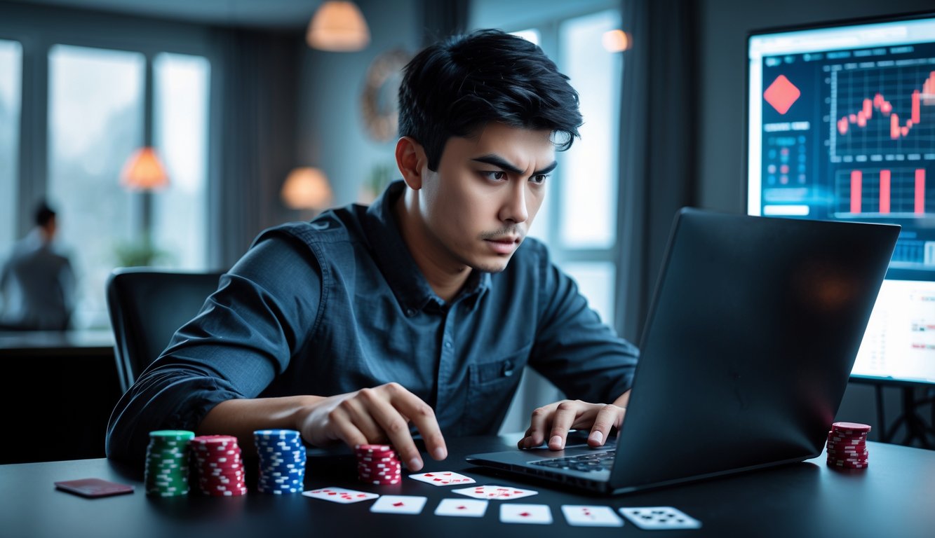 Seorang pria muda sedang fokus bermain poker online di depan laptop dengan kartu dan chip poker di meja.