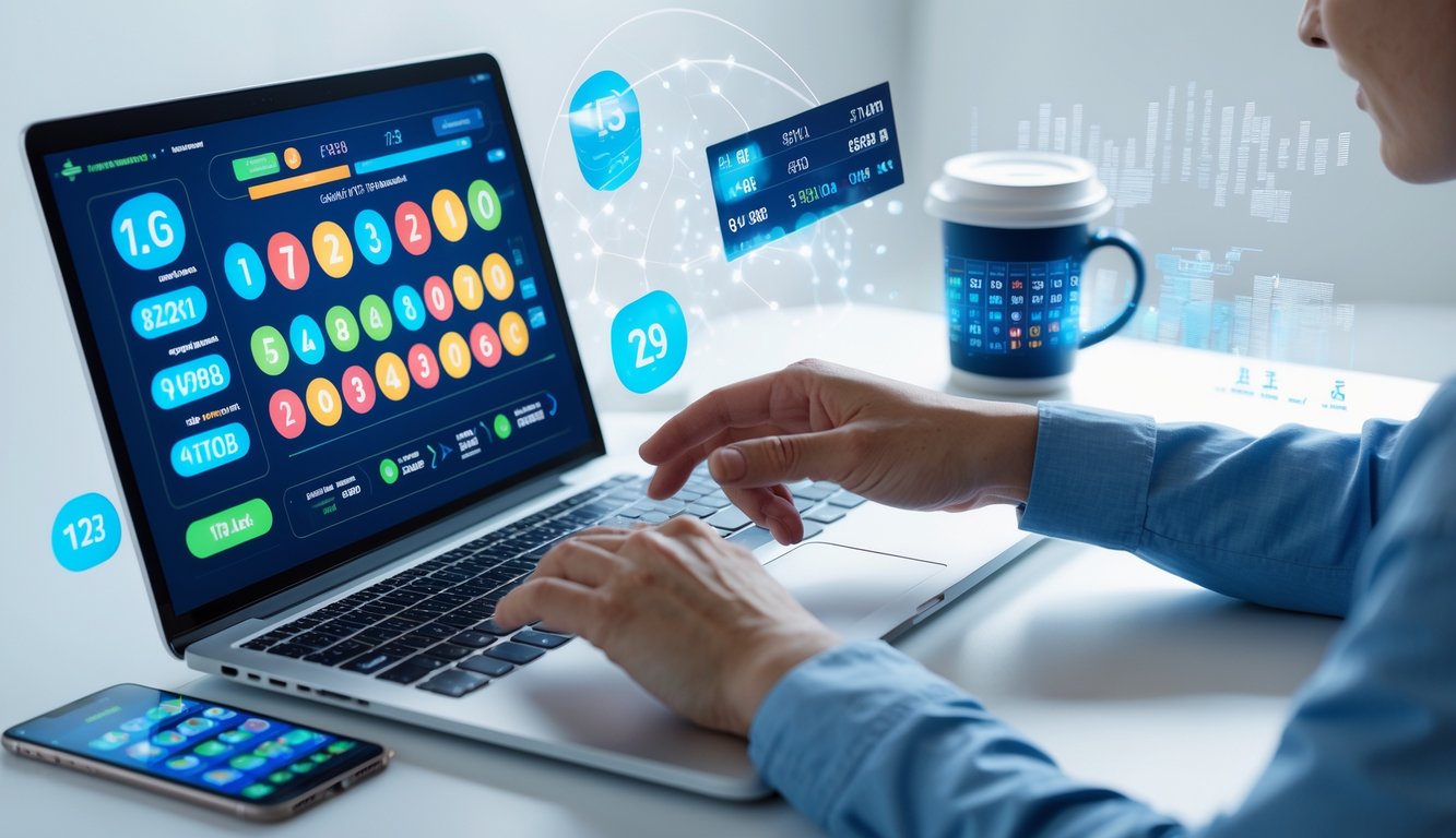 Seorang pengguna sedang bermain togel online di depan laptop dengan layar menampilkan angka dan grafik togel, dikelilingi oleh smartphone dan cangkir kopi di meja kerja yang rapi.