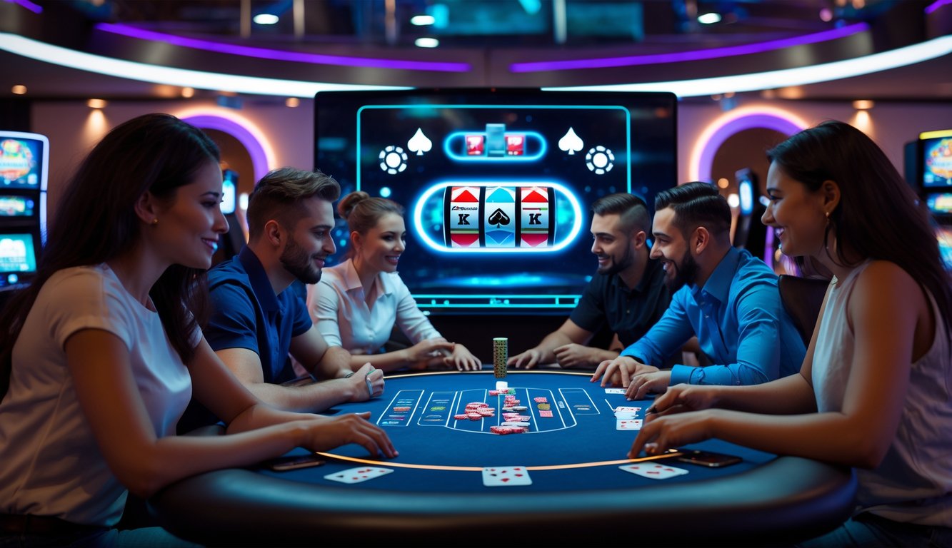 Orang-orang bermain poker online di depan layar komputer dengan suasana kasino virtual yang cerah dan penuh semangat.