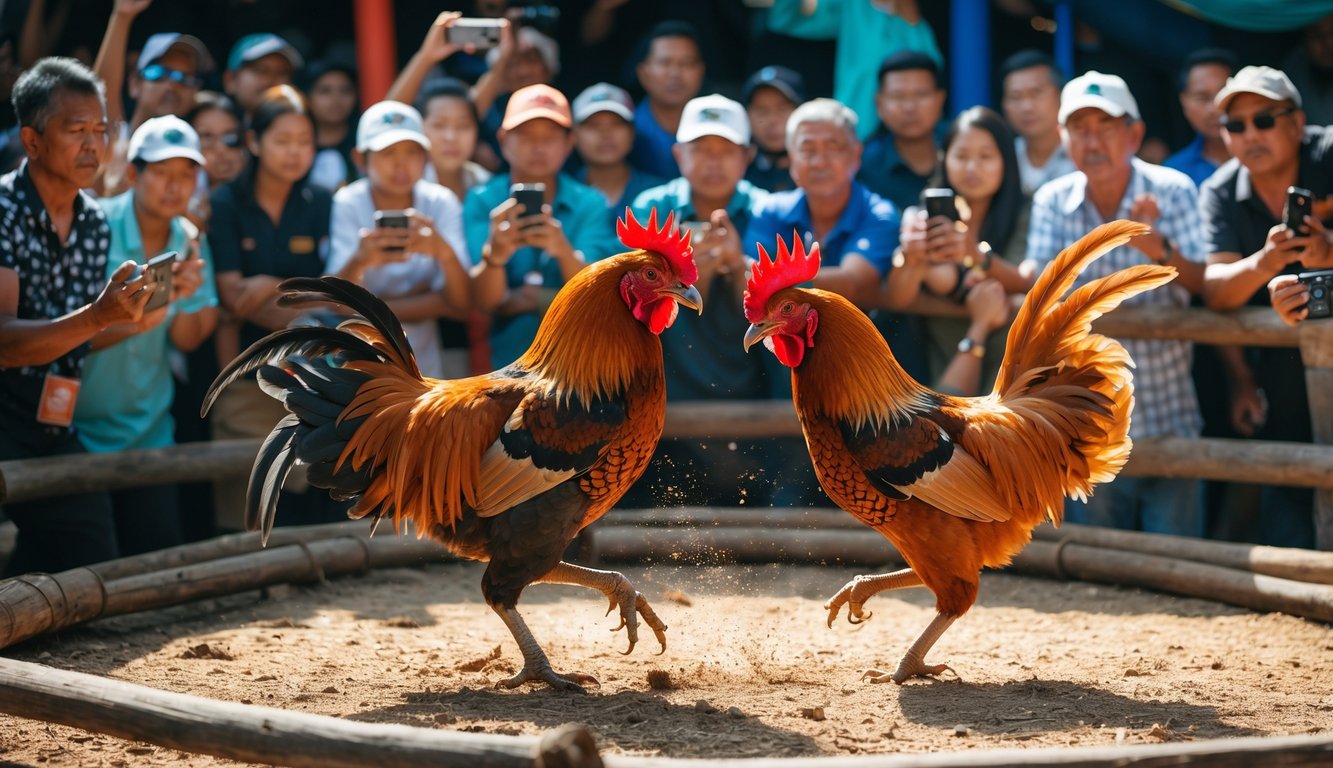 Dua ayam jago sedang bertarung di arena kayu dengan penonton di sekitarnya yang merekam menggunakan ponsel.