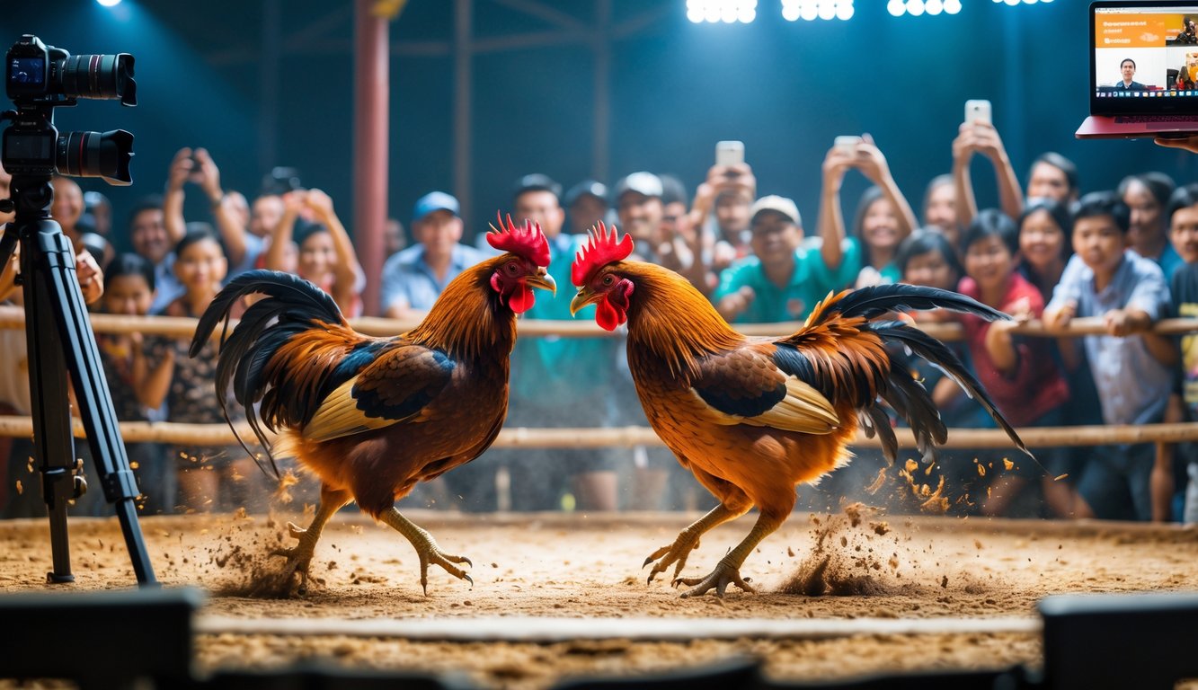 Dua ayam jago sedang bertarung di arena dengan penonton mengamati dan merekam menggunakan ponsel dan kamera.