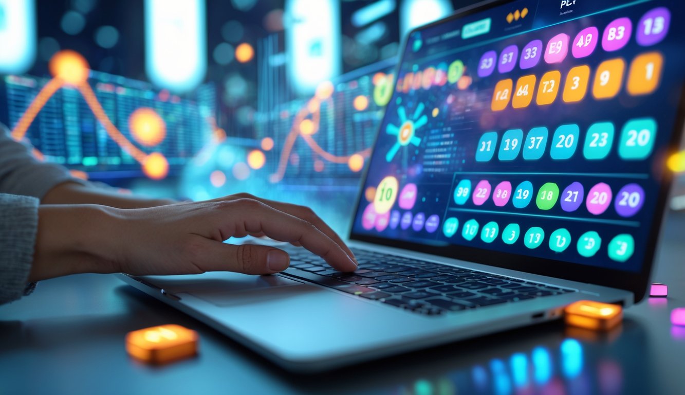 Seseorang menggunakan laptop dengan layar menampilkan angka togel dan grafik dalam suasana digital yang futuristik.