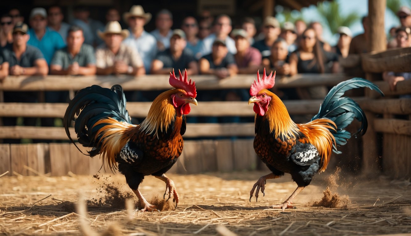 Dua ayam jago sedang bertarung di arena kayu dengan penonton di latar belakang.