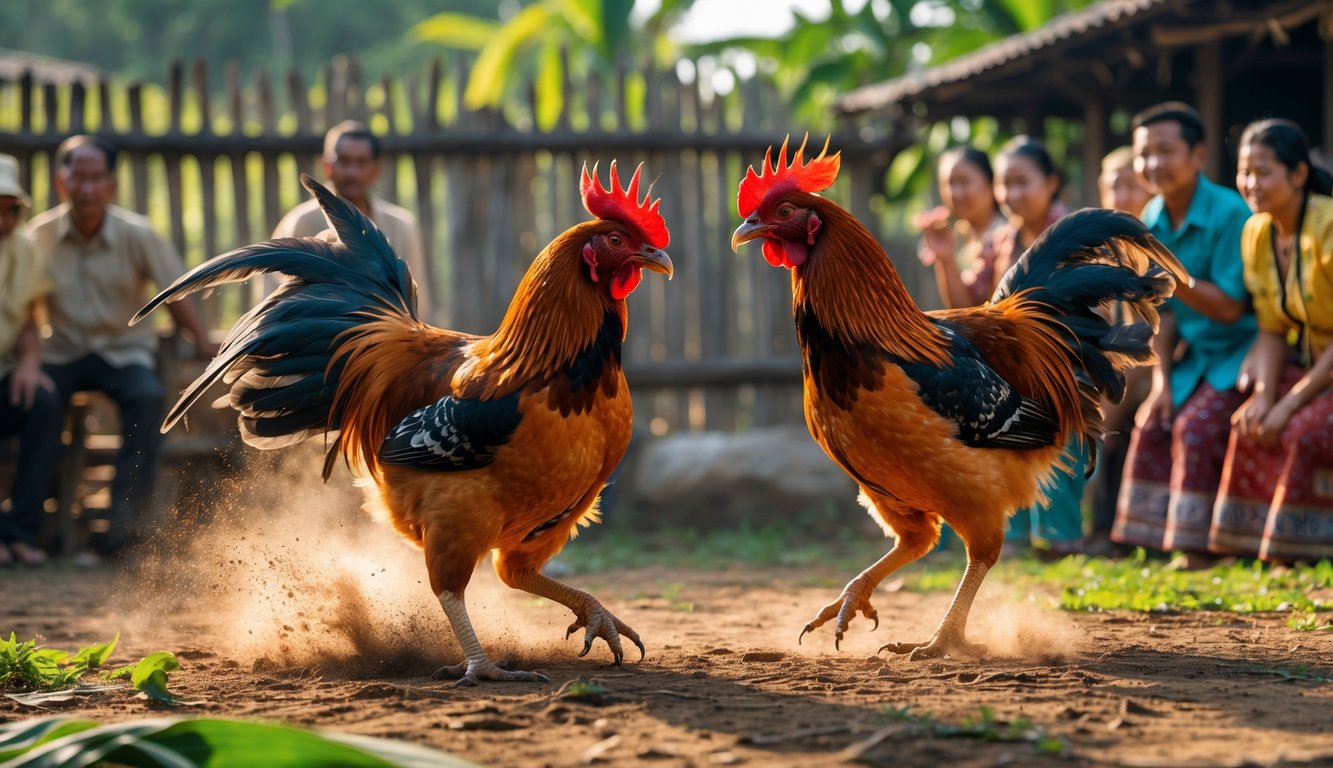 Dua ayam jantan sedang bertarung di arena dengan penonton yang memperhatikan di sekelilingnya.