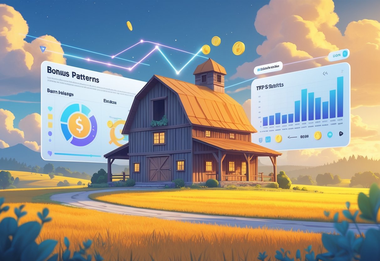 Pemandangan sebuah rumah barn di pedesaan dengan ladang dan grafik yang menggambarkan pola bonus dan statistik RTP.
