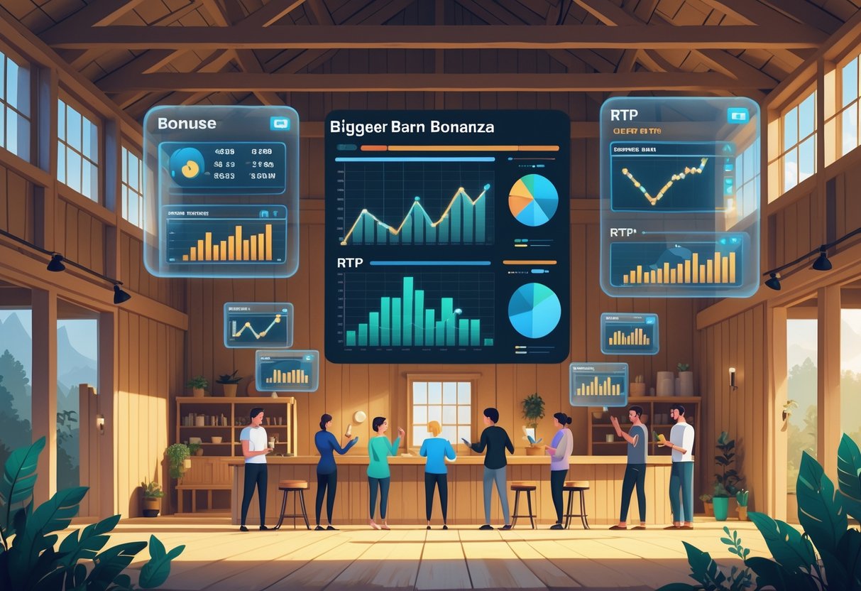 Ilustrasi sebuah rumah gudang besar dengan orang-orang yang sedang menganalisis grafik dan data terkait pola bonus dan statistik RTP dalam suasana yang profesional dan fokus.