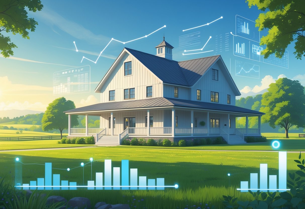 Rumah gudang besar di pedesaan dengan lanskap hijau dan elemen grafik data transparan di sekitarnya.
