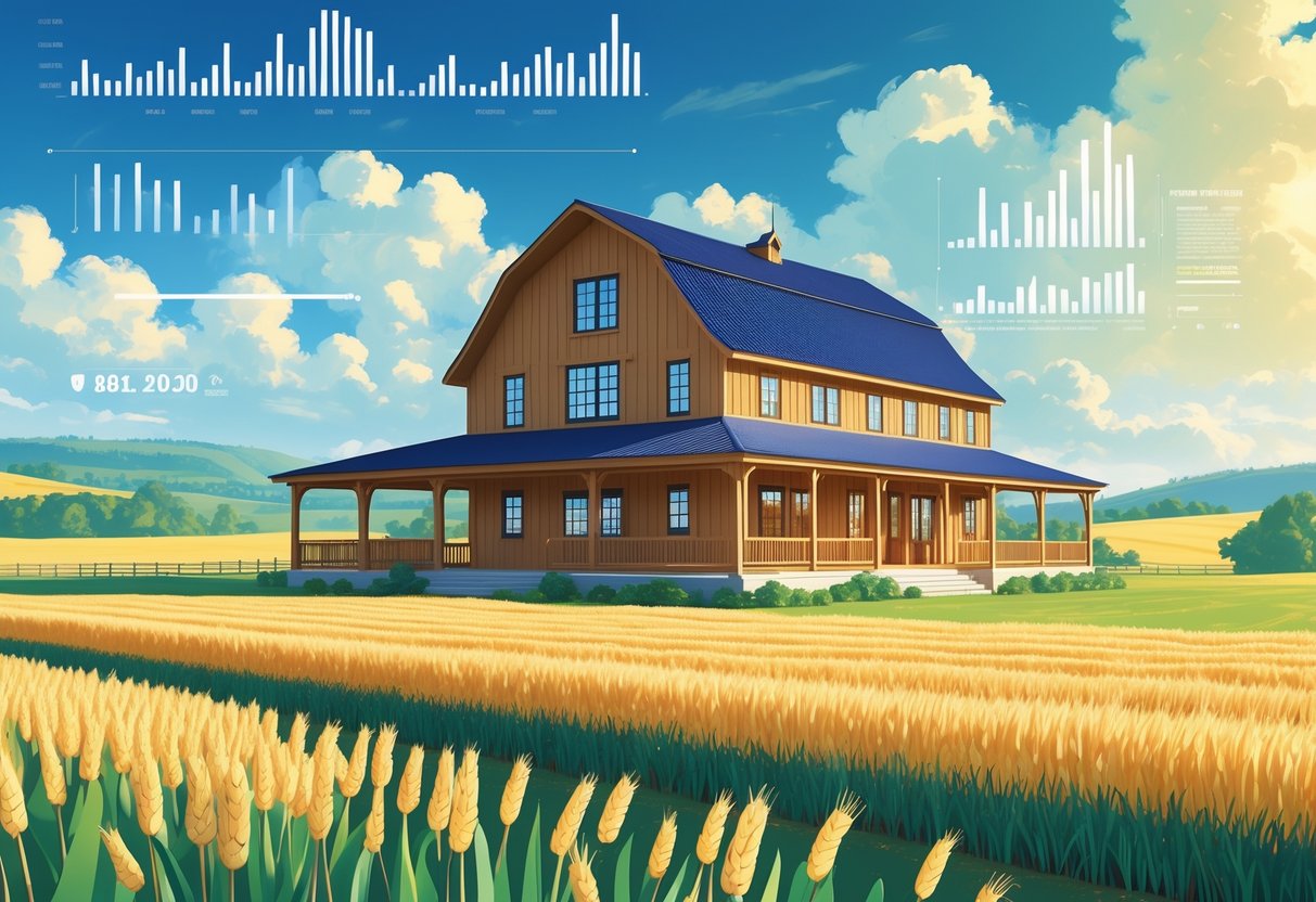 Gambaran sebuah rumah lumbung besar di pedesaan dengan ladang gandum dan bukit hijau di latar belakang, menampilkan suasana cerah dan alami.