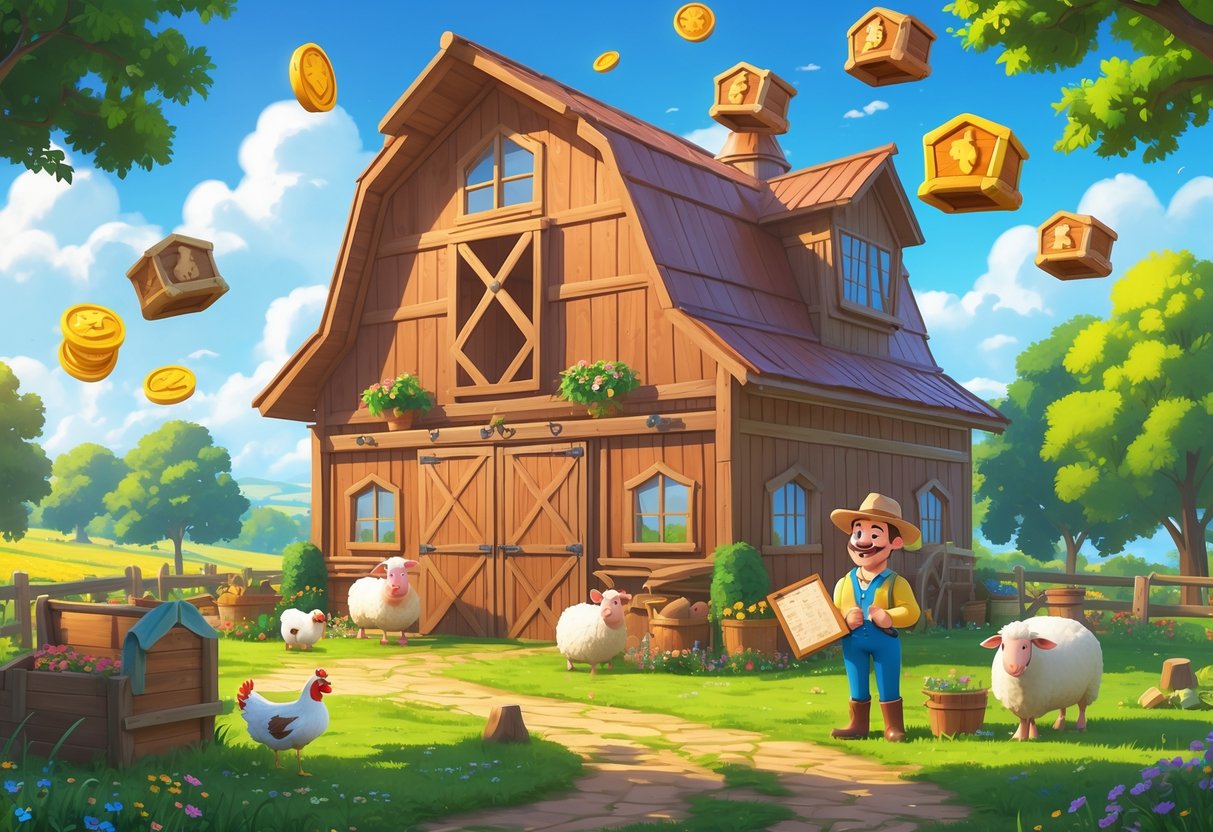 Sebuah rumah gudang besar di pedesaan dengan hewan ternak dan karakter petani yang memegang peta, dikelilingi oleh elemen game seperti peti harta dan koin emas.