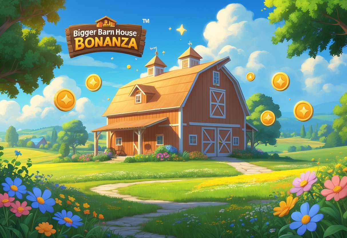 Sebuah rumah barn besar di ladang hijau dengan langit cerah, di depan rumah ada karakter yang memegang buku panduan, dikelilingi oleh ikon-ikon bonus dan fitur permainan.