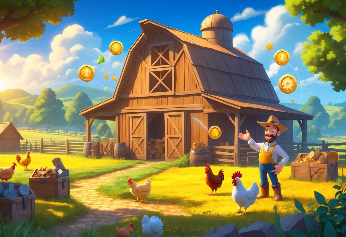 Pemandangan sebuah rumah gudang besar di tengah ladang dengan hewan ternak dan ikon bonus di sekitarnya, serta seorang karakter petani yang sedang menunjuk ke arah fitur-fitur khusus.