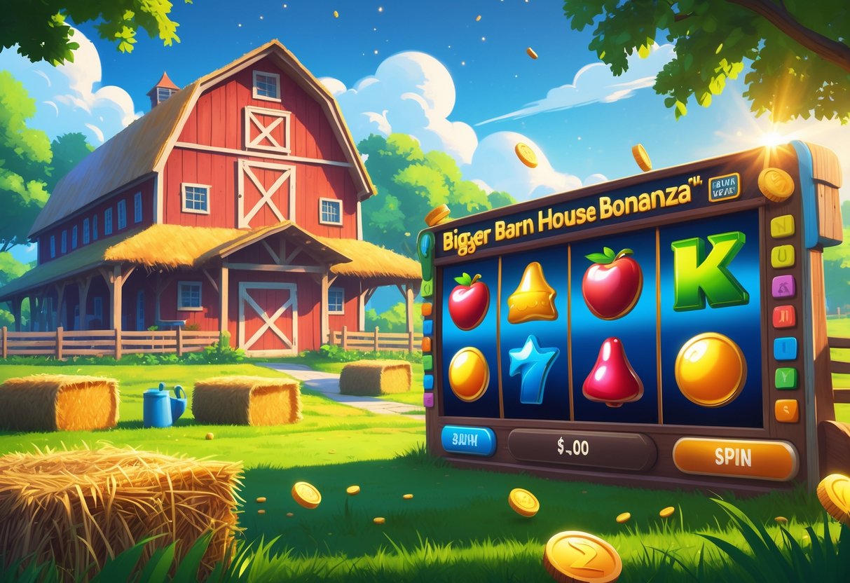 Pemandangan sebuah rumah gudang besar di ladang hijau dengan mesin slot yang sedang berputar di depan, dikelilingi oleh elemen pertanian dan koin emas berkilauan.