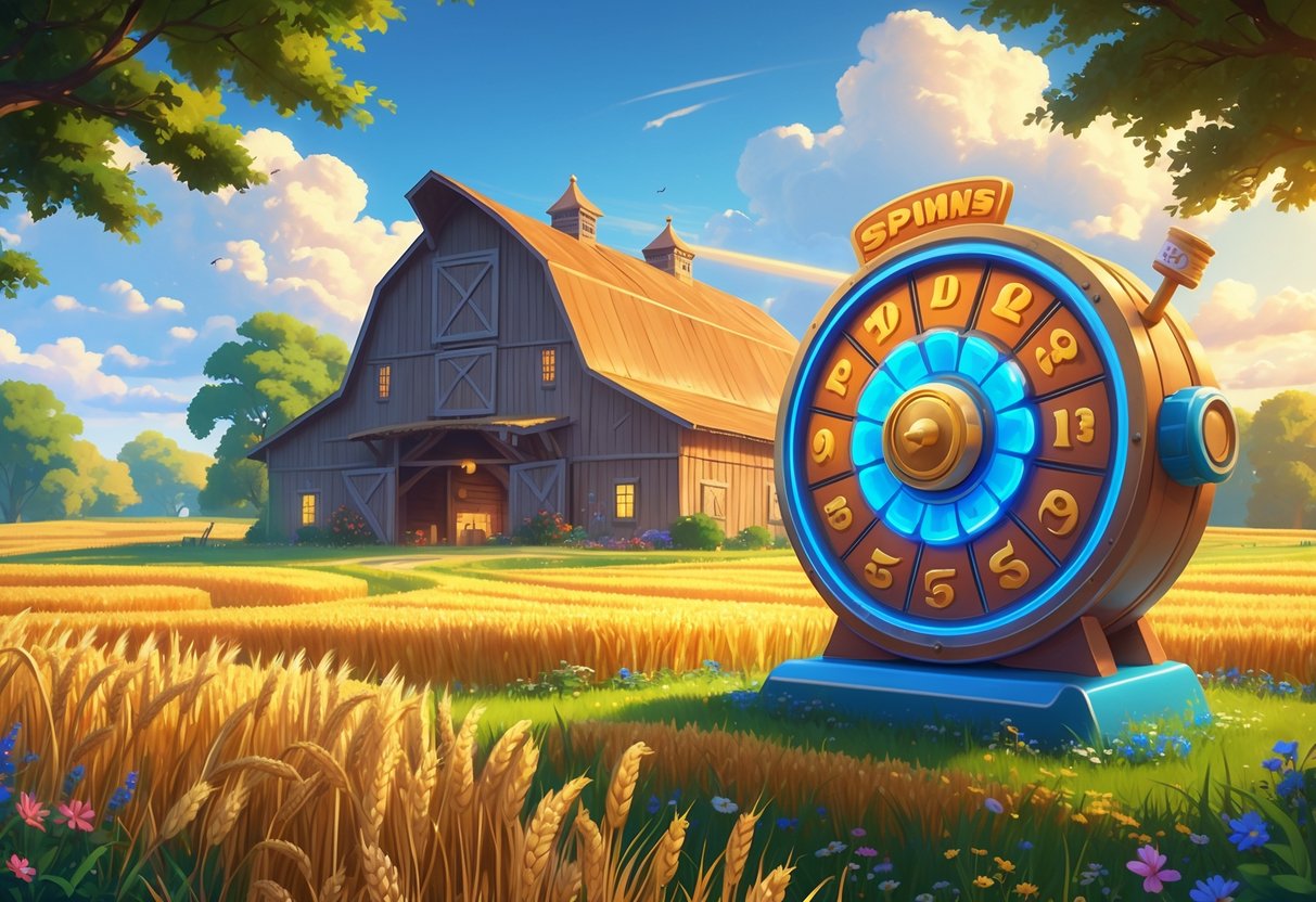 Pemandangan rumah gudang besar di pedesaan dengan ladang gandum dan bunga liar, serta elemen roda putar yang melambangkan permainan dan hasil kejutan.