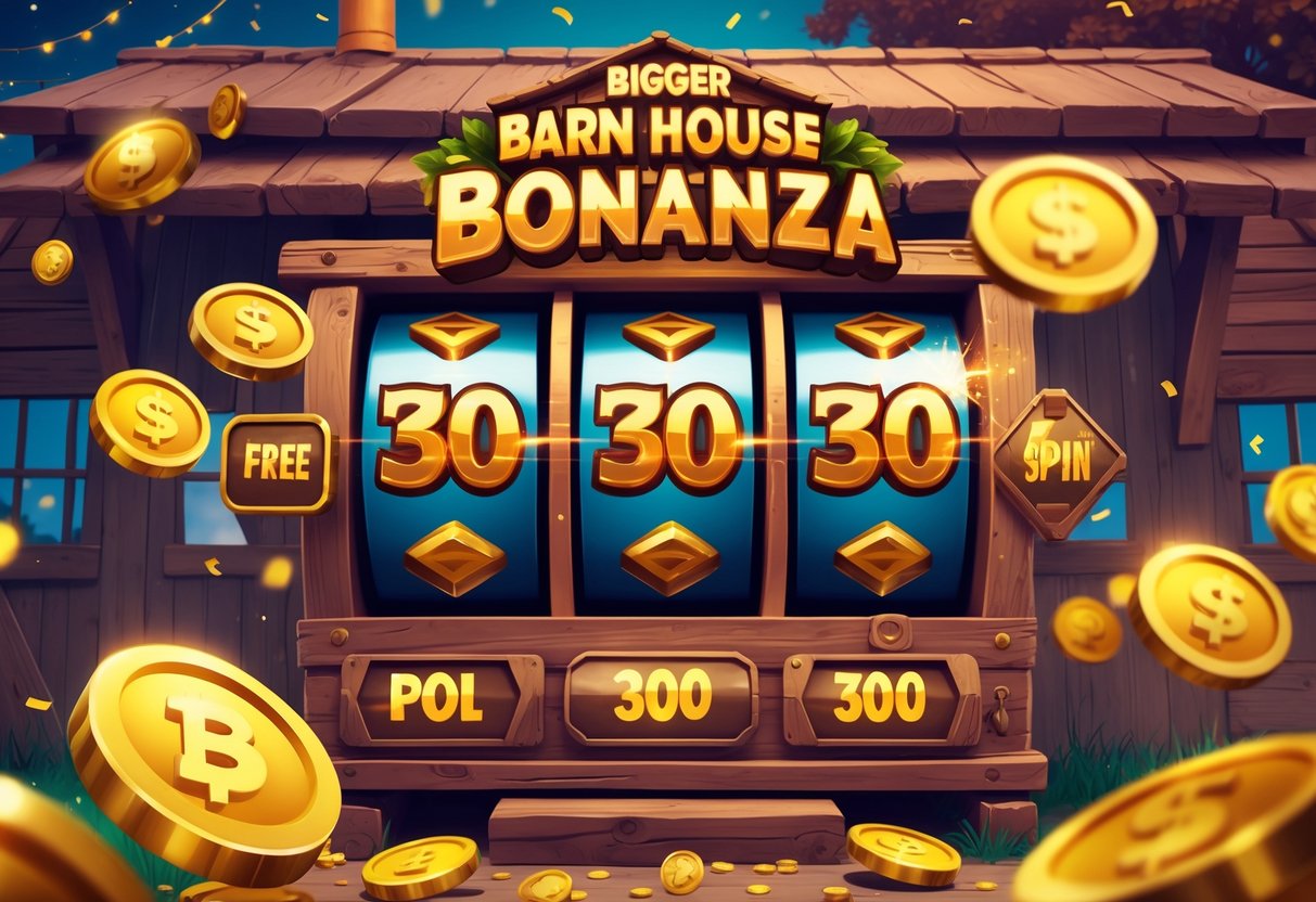 Ilustrasi mesin slot dengan latar rumah gudang kayu, koin emas berputar, dan angka 300 yang dikelilingi cahaya dan konfeti, menggambarkan fitur putaran bonus dan putaran gratis.