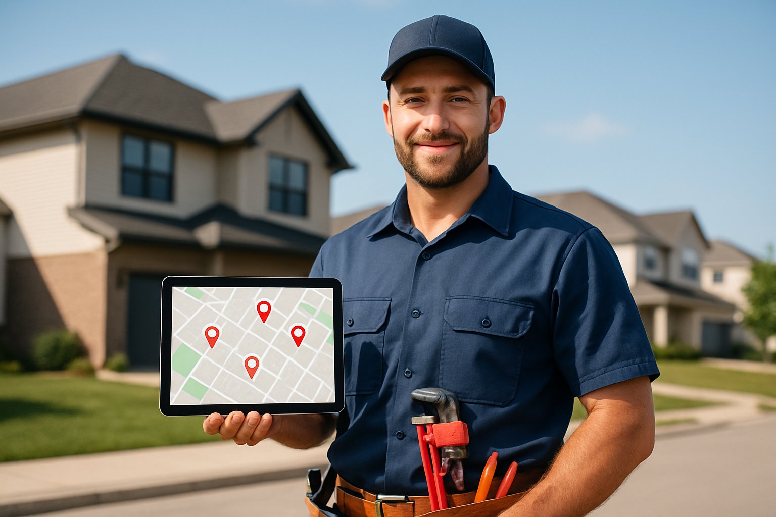 A plumber standing outside a house holding a tablet showing a map with location pins.