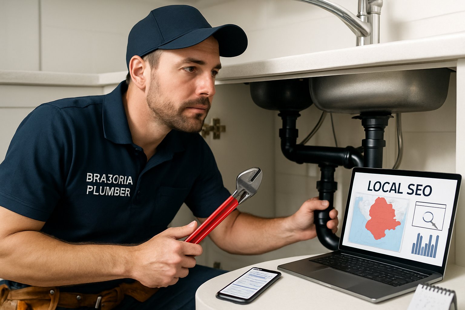 A plumber in uniform working under a sink with plumbing tools, a laptop showing a local map in the background.