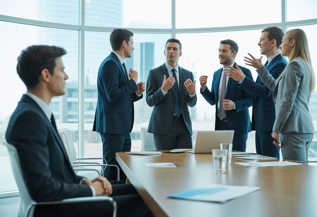 Een zakelijke vergadering met een stille vennoot die apart zit terwijl andere vennoten levendig discussiëren.