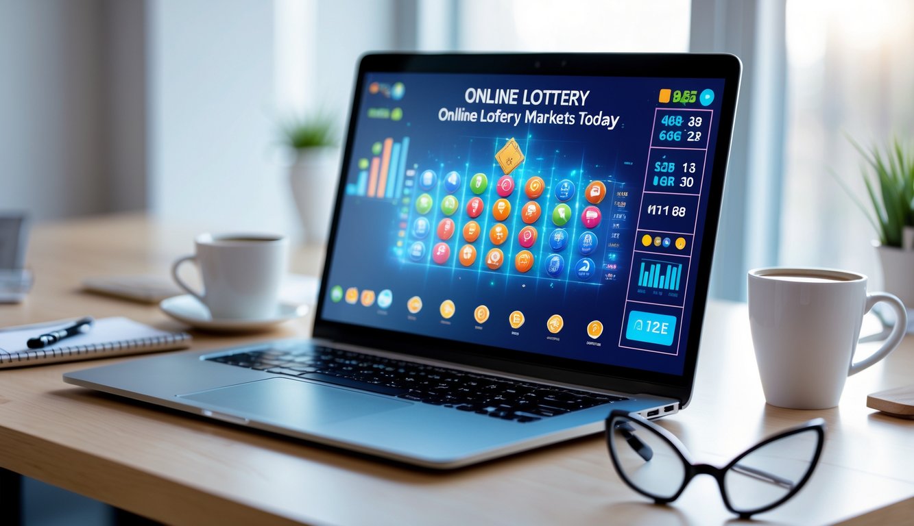 Meja kerja dengan laptop yang menampilkan antarmuka permainan togel online, dikelilingi oleh ponsel, cangkir kopi, dan alat tulis di ruang kantor yang terang.