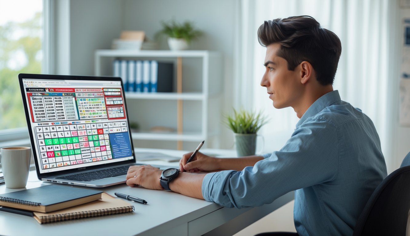 Seseorang duduk di meja kerja dengan laptop dan buku catatan, mempelajari pola angka di ruangan yang terang dan rapi.